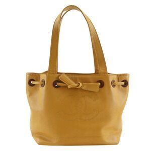 Chanel Coco Mark Tote Bag, Drawstring, Caviar Leather, Camel, A5 Size, Women's
